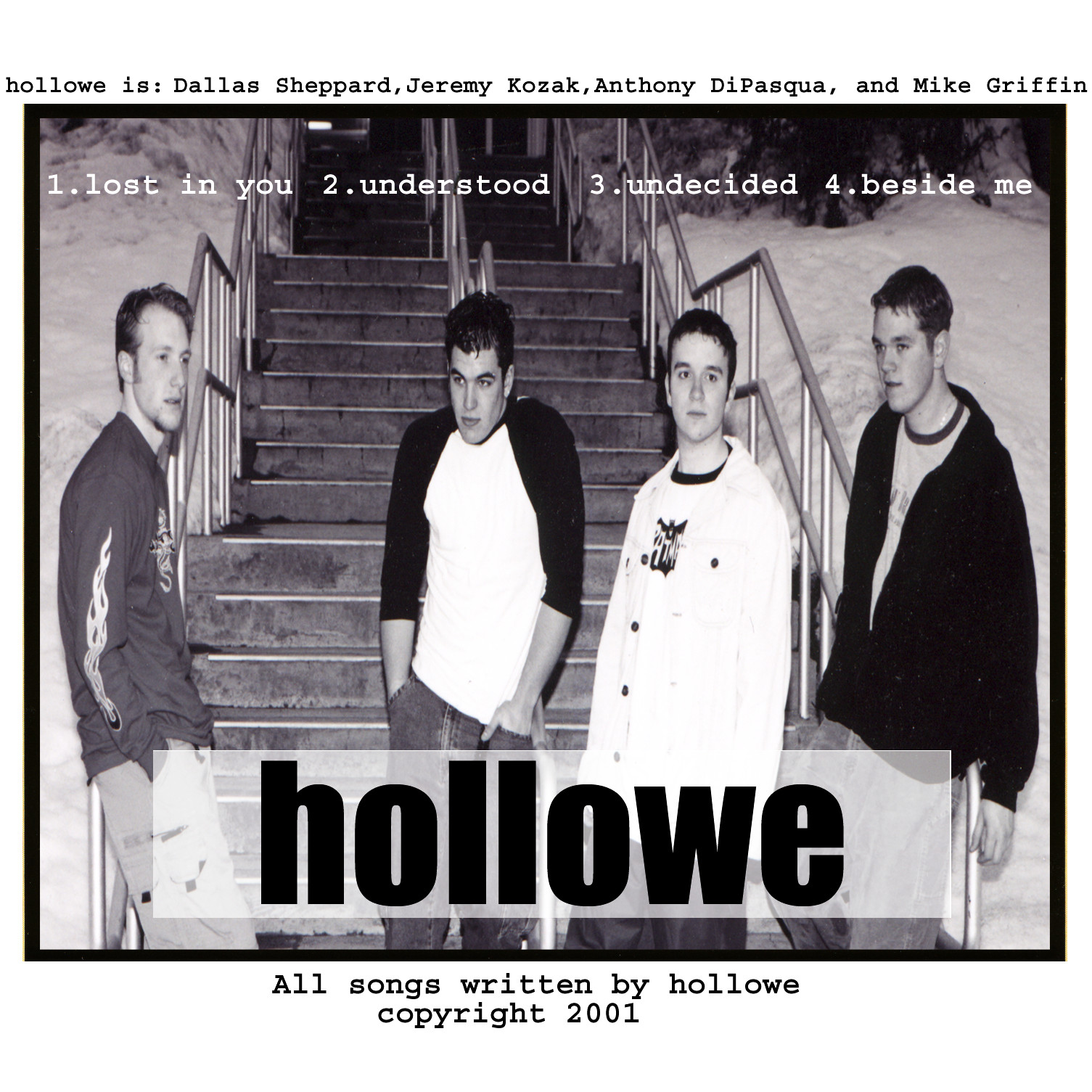hollowe demo cover — black-and-white stairs in snow with 2001 tracklist