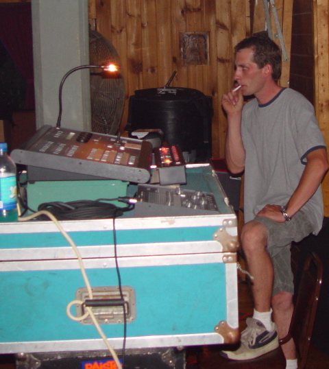 hollowe crew: jeff on sound at Nothin' Fancy, June 28, 2002